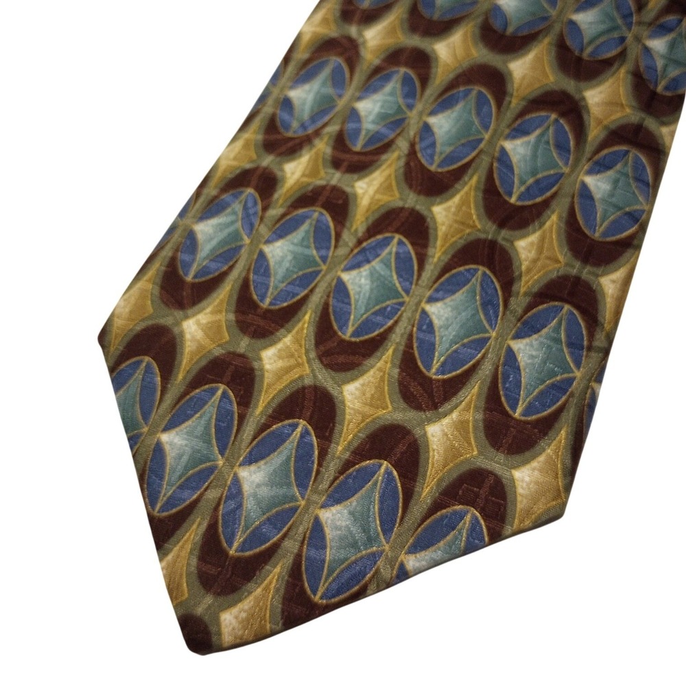 Manhattan‎ Mens Silk Tie Gold Brown Blue Geometric Italian Fabric Necktie